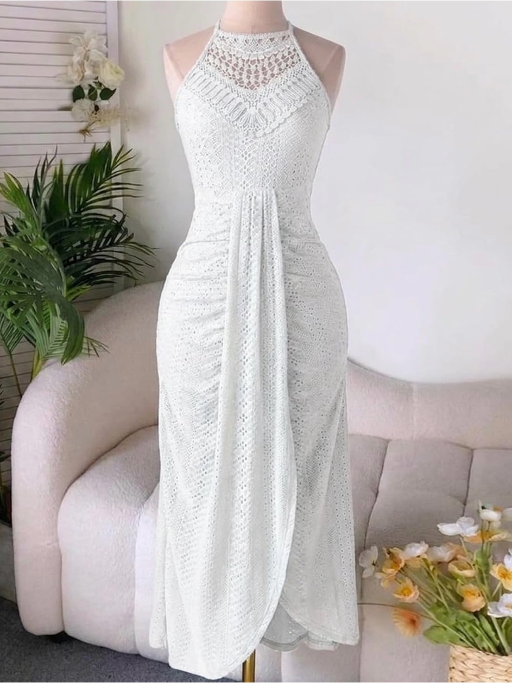 Halter Crochet High-Low Maxi Dress in White